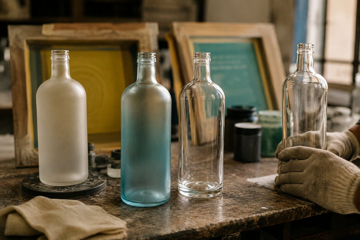 Glass decoration in India — frosted and screen-printed glass bottles showing private-label finishing