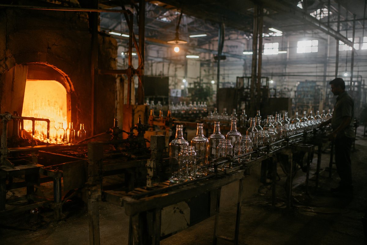 Glass manufacturing in Firozabad, India — molten glass being formed on a factory production line