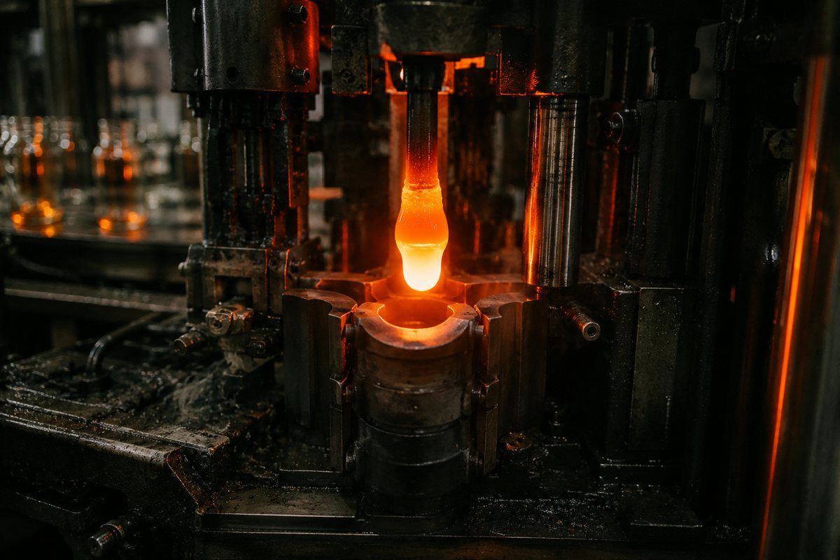 Glass container manufacturing process — a glowing gob of molten glass entering a forming machine