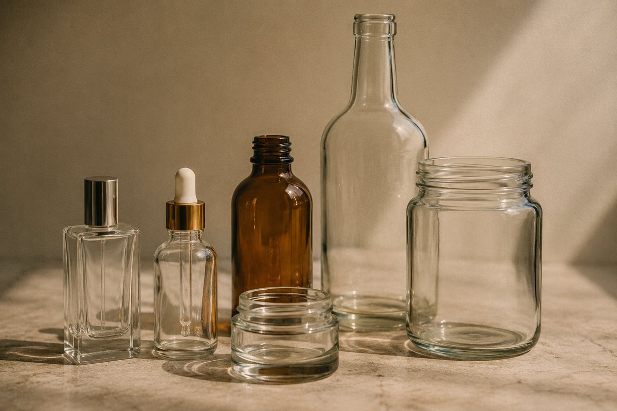 Range of glass products made in India — spirits bottles, food jars, cosmetic and perfume glass on a neutral background