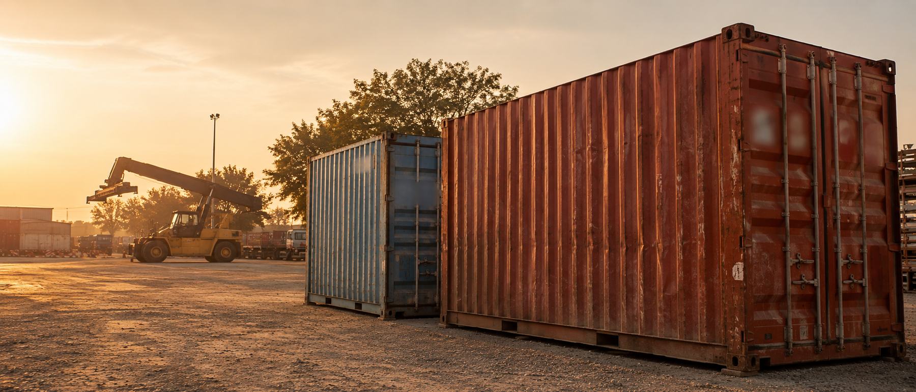 Weathered shipping containers on a gravel inland depot in golden-hour light, a reach-stacker blurred behind