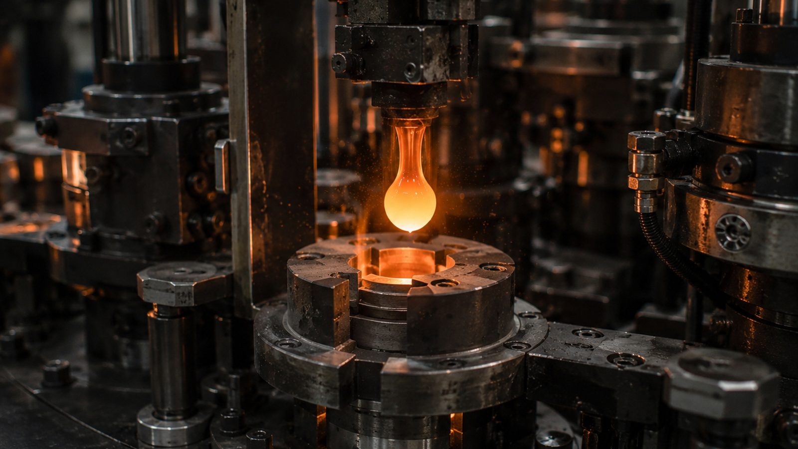 A glowing molten glass gob dropping from the feeder into a steel press mould at Glastic's Firozabad glass factory