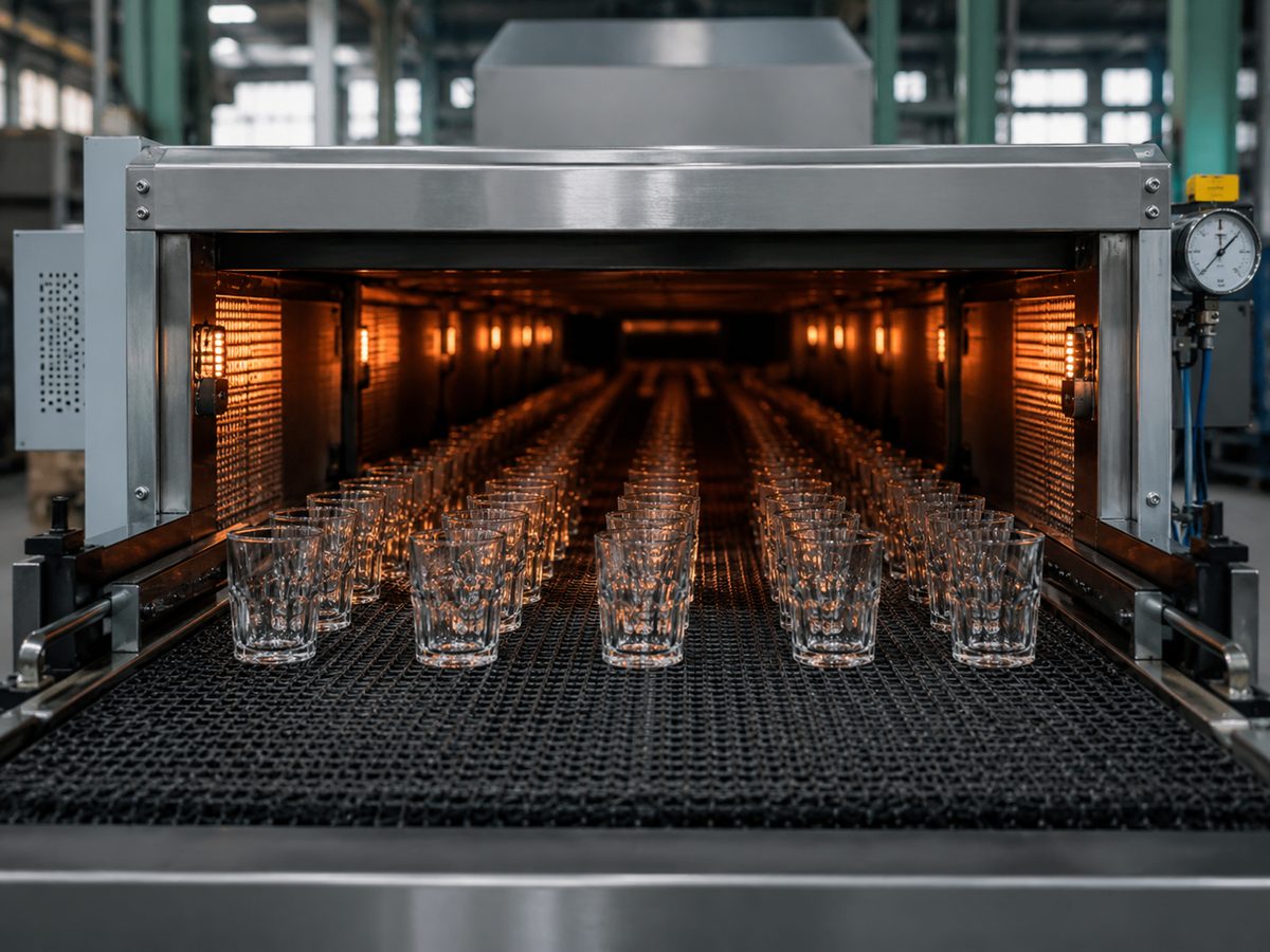 Rows of glass tumblers entering the annealing lehr tunnel on a steel mesh belt
