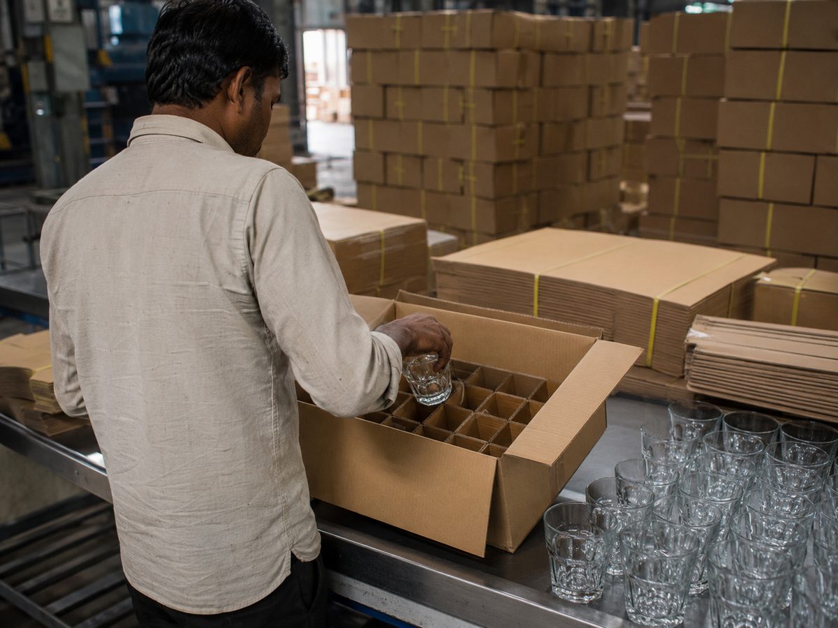 A worker packing clear tumblers into partitioned kraft inner cartons at the export packing station