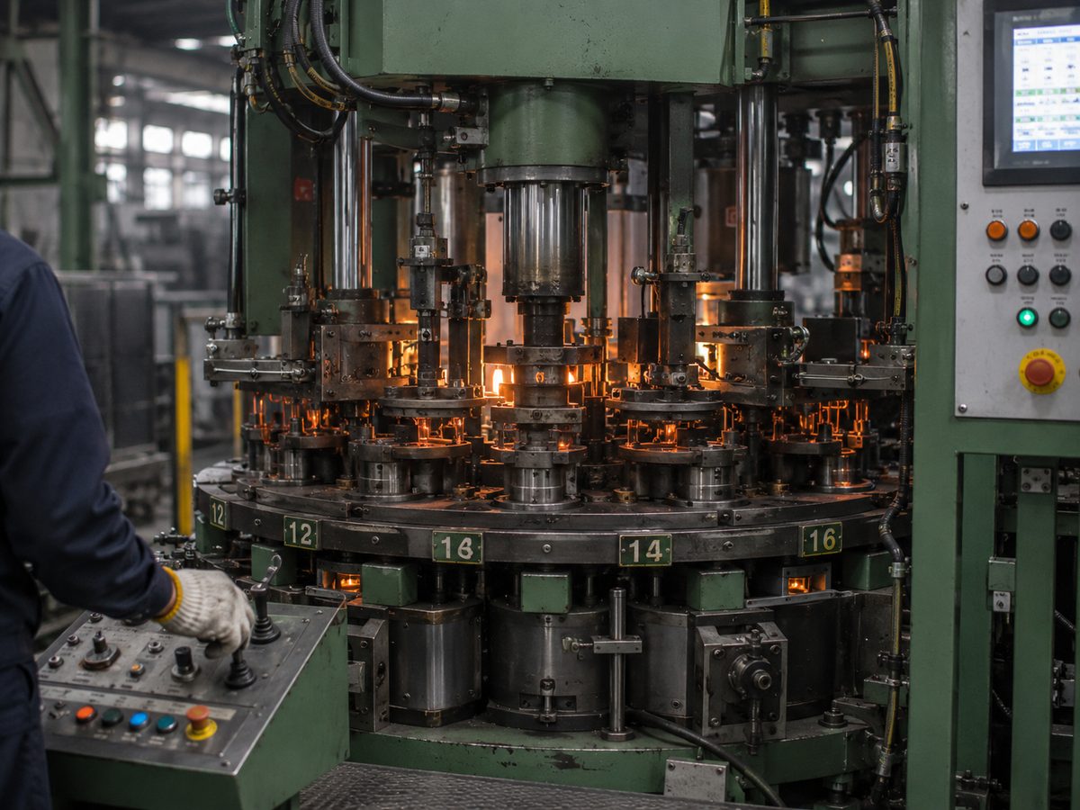 A green-painted glass press machine mid-cycle, plunger descending into the mould, at Glastic Firozabad