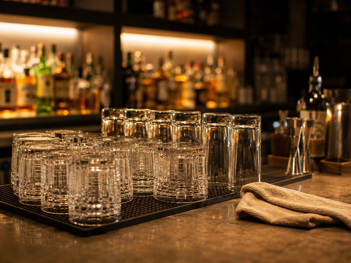 Clean rocks glasses and highballs upside down on a back-bar mat under warm light