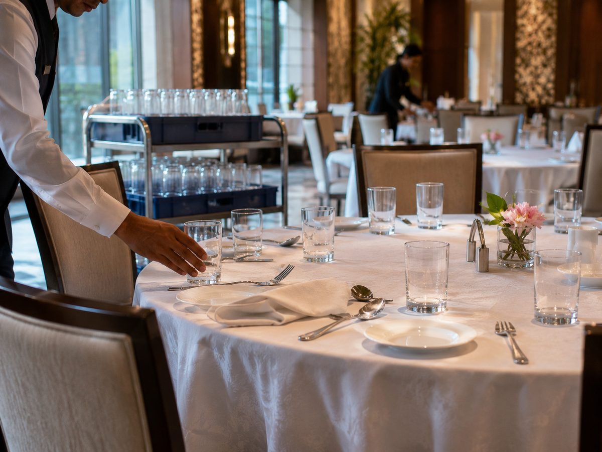 A waiter setting water glasses on a white-linen banquet table in an upscale hotel dining hall, glass racks on a trolley behind