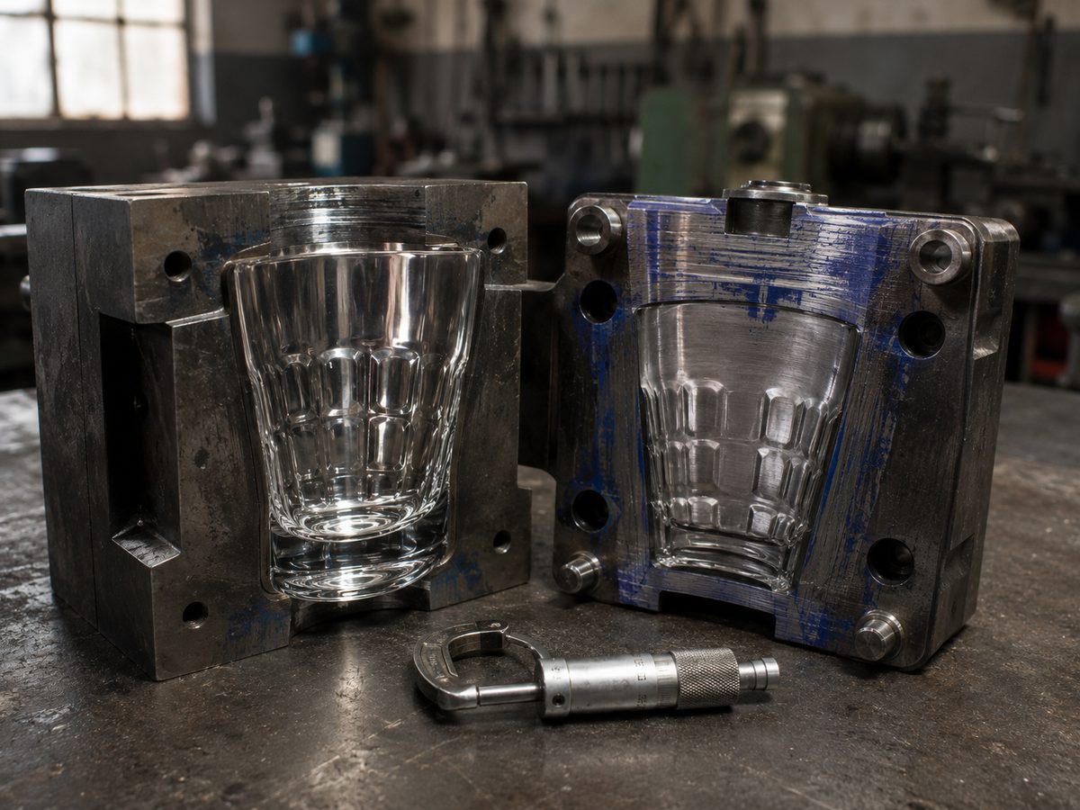 An opened two-part steel glass mould on a machinist's bench, the polished tumbler cavity catching cool light