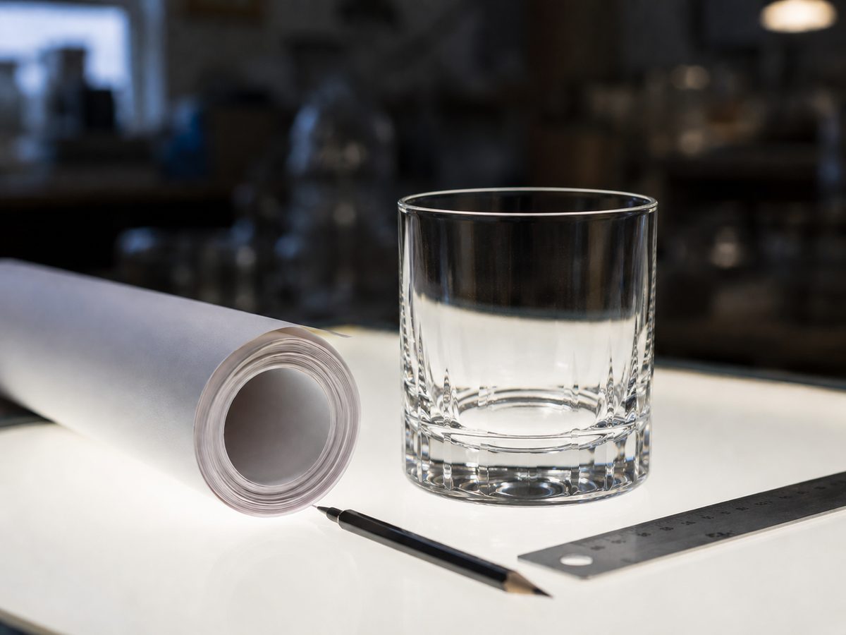 A finished clear glass jar on a light table beside a rolled technical drawing and steel rule
