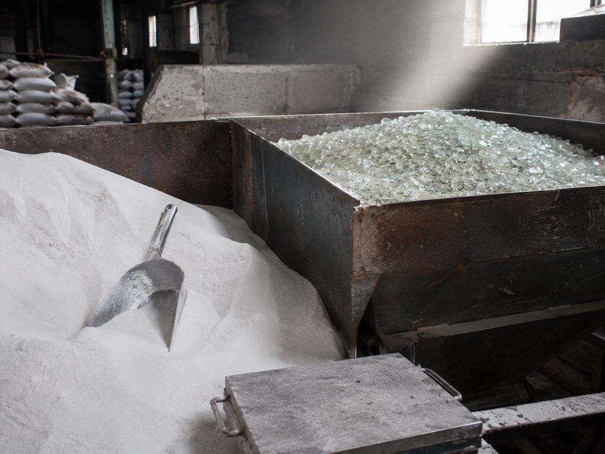 Raw silica sand and broken glass cullet in the batch house at Glastic Firozabad