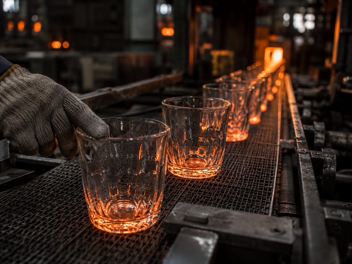 Just-pressed glass tumblers glowing orange at their bases on the conveyor toward the lehr