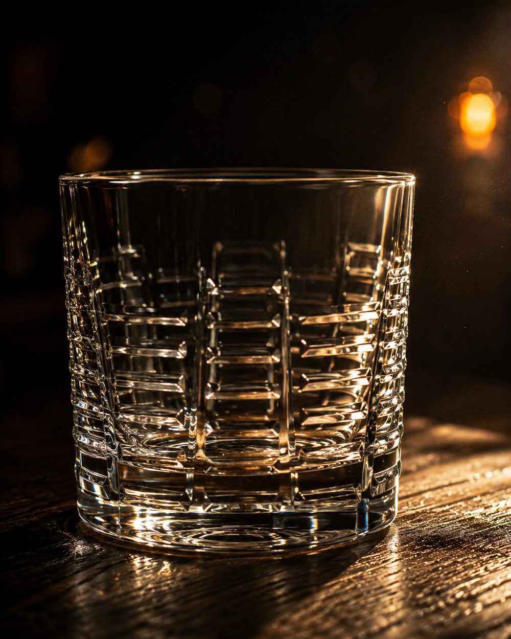 A heavy-bottomed clear rocks glass on dark wood with an embossed ladder relief catching warm directional light