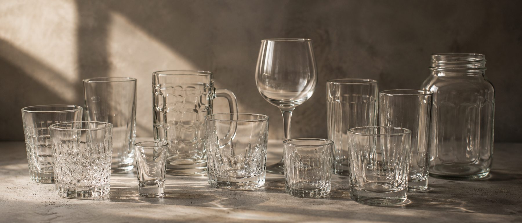 A group of plain clear Glastic glassware — tumblers, rocks, shot glasses, beer mug, wine glass and jar — on concrete in warm window light