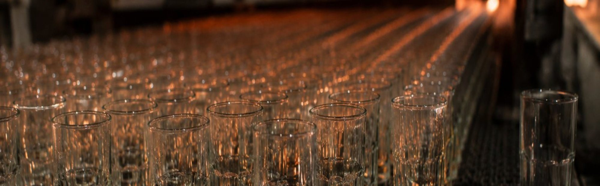 Rows of clear glass tumblers cooling on the wire-mesh conveyor inside the annealing lehr at Glastic's Firozabad factory