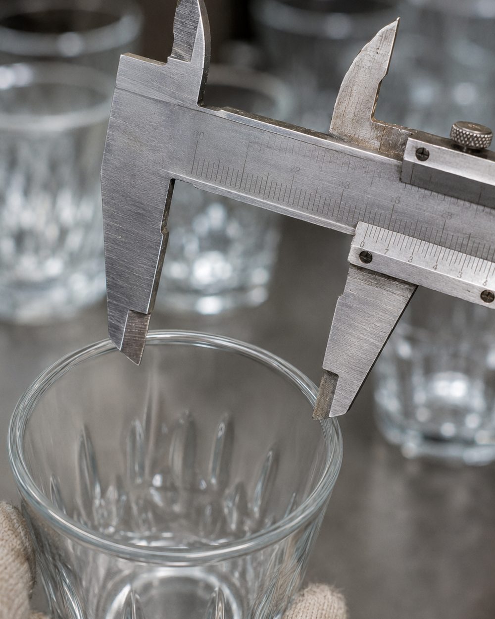 A steel vernier caliper measuring the rim diameter of a clear glass tumbler during QC at Glastic