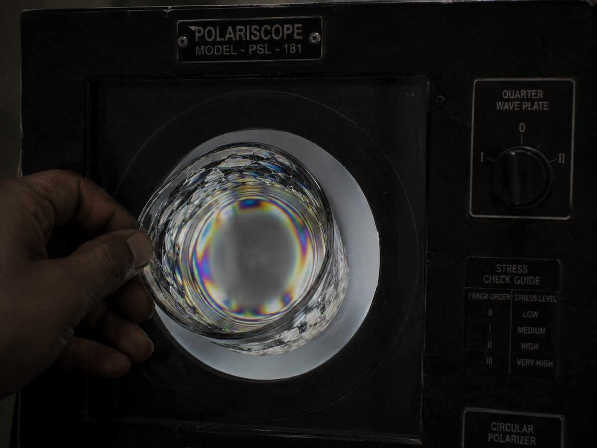 A glass tumbler viewed through a polariscope showing faint stress birefringence bands in the base